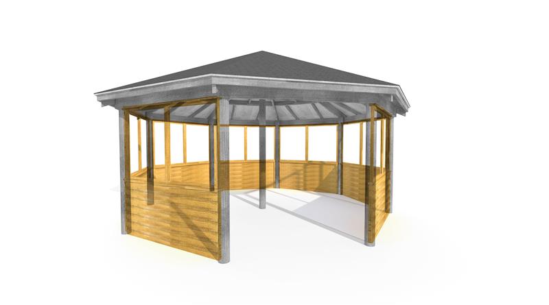 Technical render of a 6M Octagonal Gazebo Clad and Glazed Sides